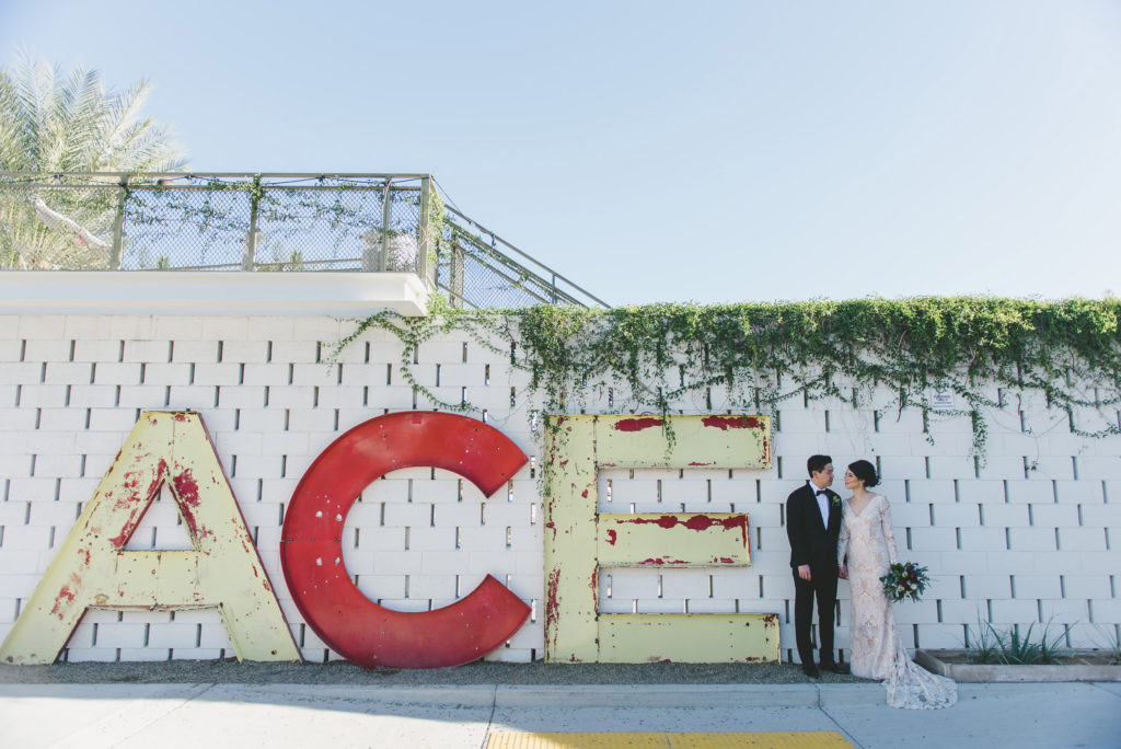 Ace Hotel wedding in Palm Springs bride and groom portrait shot, Wedding Venues in Palm Springs and Joshua Tree