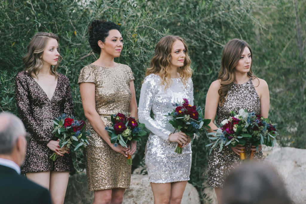 Ace Hotel wedding in Palm Springs wedding ceremony, metallic bridesmaid dresses with desert inspired bouquets