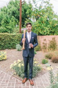 Calamigos ranch wedding, black suit for groom with pale blush tie and brown shoes