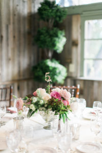 Calamigos Ranch Wedding Redwood Room reception, pink and blush garden rose centerpieces, gold table numbers