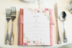Calamigos Ranch Wedding Redwood Room reception, pink napkin tables cape with floral menu card