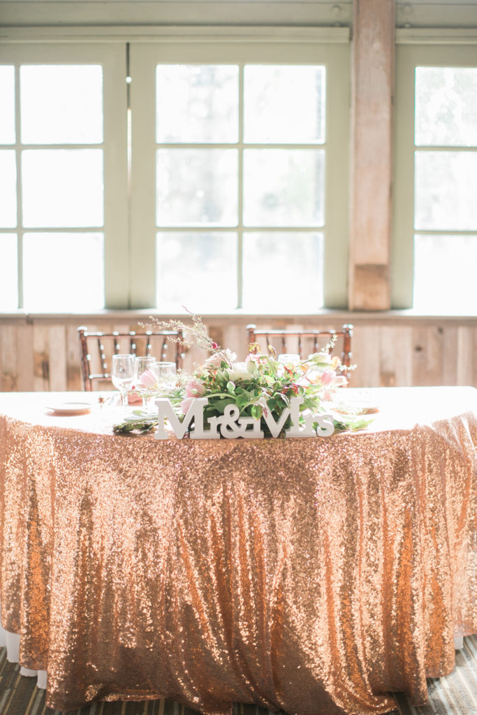 Calamigos Ranch Wedding Redwood Room reception, gold sweetheart table with mr and mrs wood sign