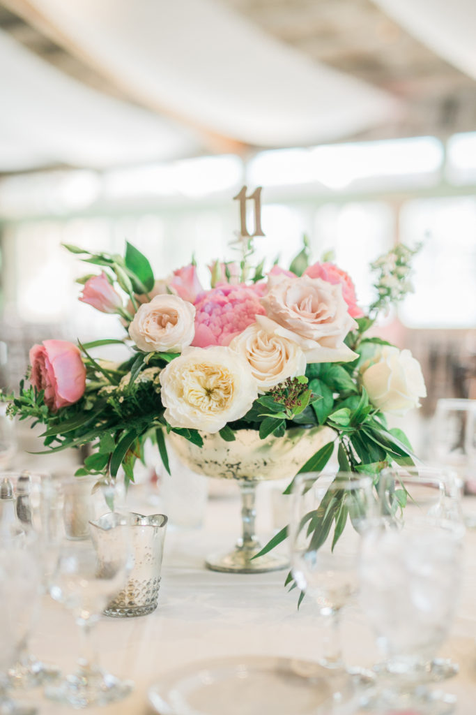 Calamigos Ranch Wedding Redwood Room reception, pink and blush garden rose centerpiece with gold table numbers
