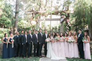 Calamigos Ranch wedding, co ed wedding party with blush bridesmaid dresses