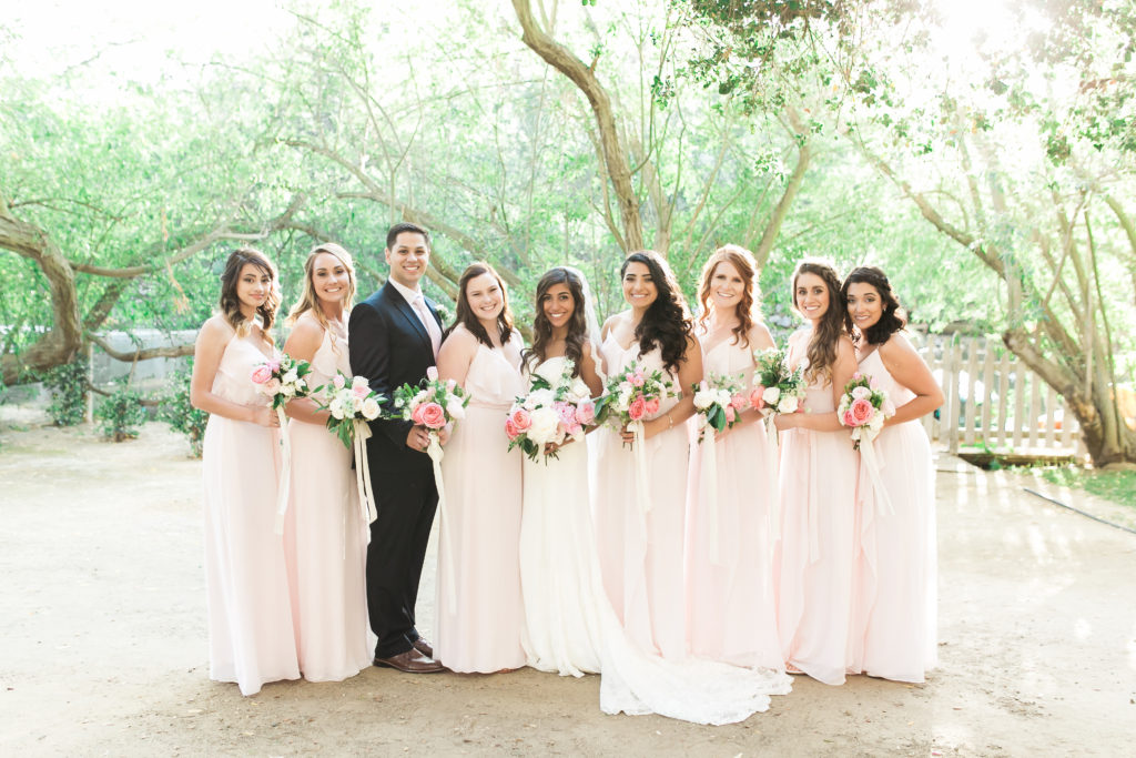 Calamigos Ranch wedding, co ed bridal party with blush bridesmaid dresses