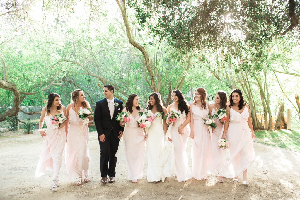 Calamigos Ranch wedding, co ed bridal party with blush bridesmaid dresses