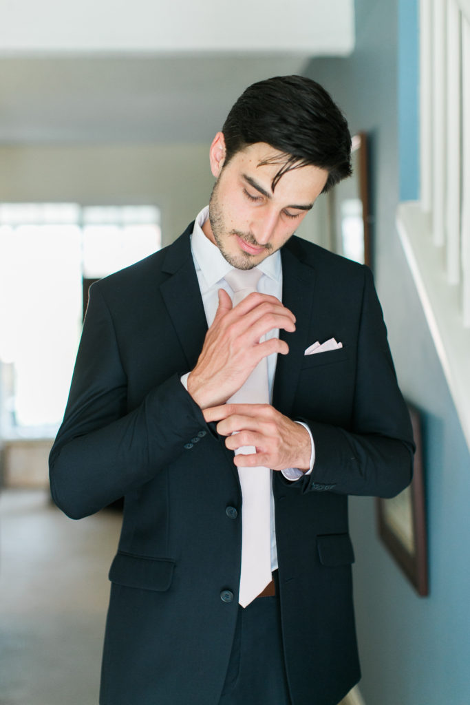 3 Ways to get the groom ready for his wedding day, black suit for groom with pale blush tie