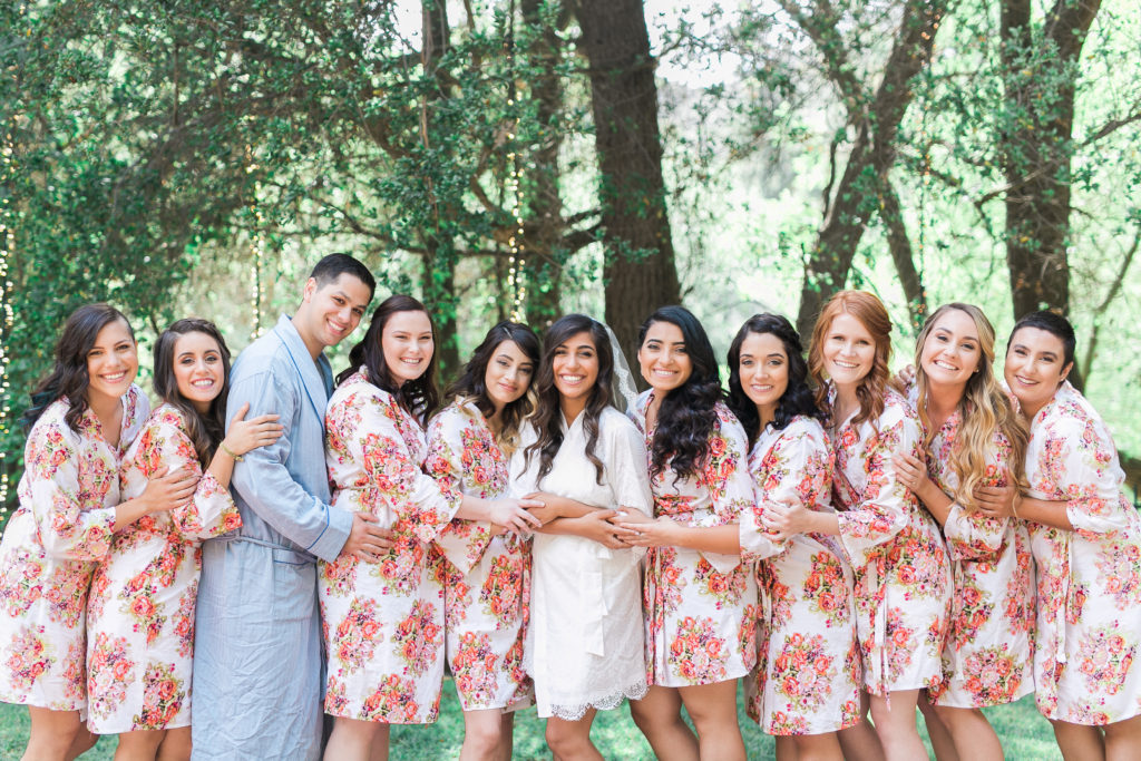 Calamigos ranch wedding, bridal party getting ready shot with robes, co ed bridal party