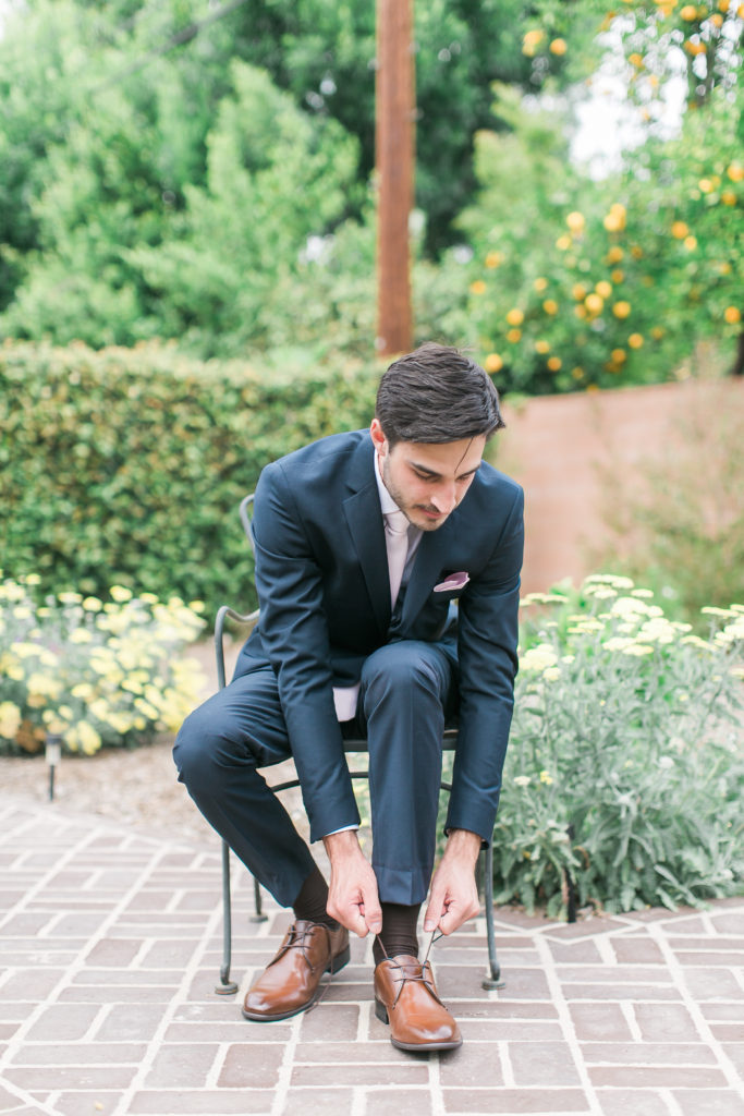 Calamigos ranch wedding, black suit for groom with pale blush tie and brown shoes
