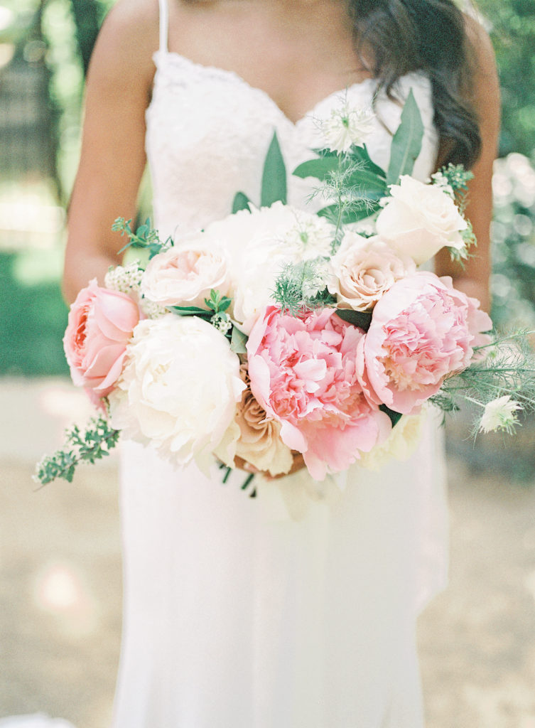 Calamigos Ranch wedding bride, garden rose bridal bouquet
