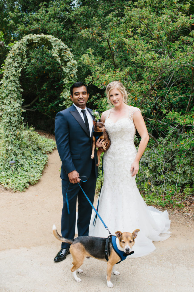 travel themed wedding at Mountain Mermaid, bride and groom portraits with dogs