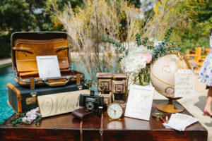 travel themed wedding at Mountain Mermaid, welcome table