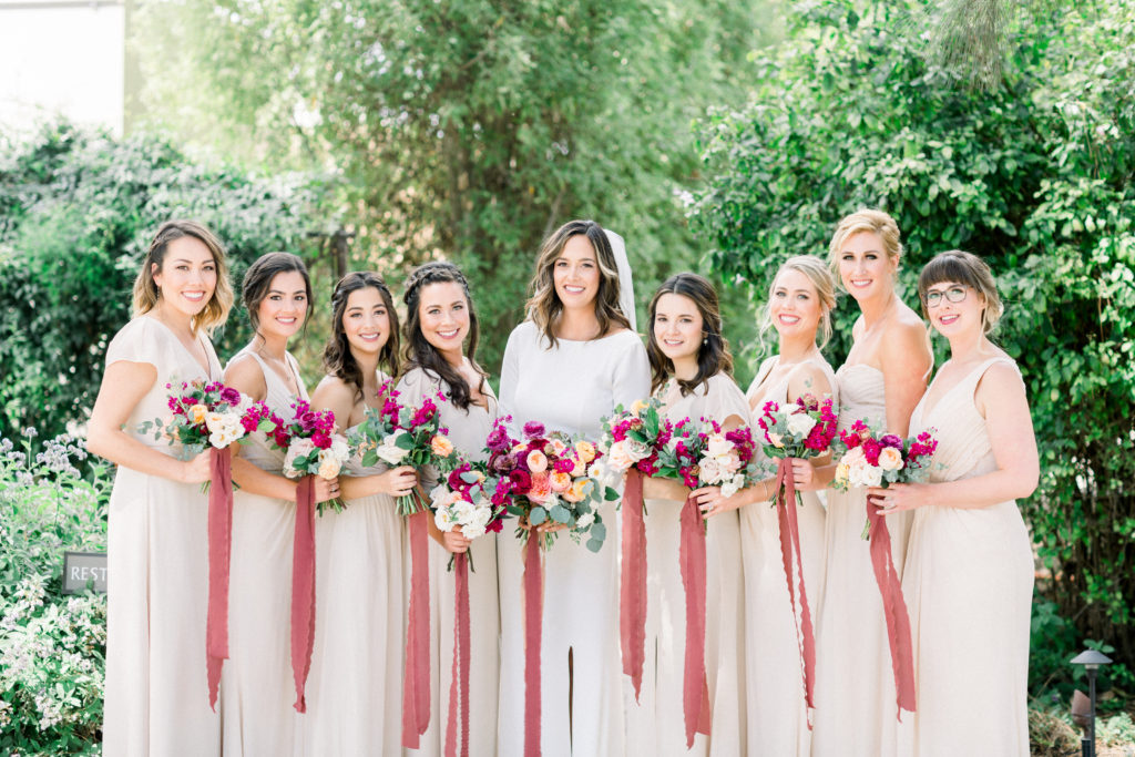 Maravilla Gardens Wedding, blush bridesmaid dresses, burgundy bridal party bouquets