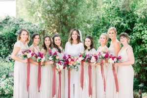 Maravilla Gardens Wedding, blush bridesmaid dresses, burgundy bridal party bouquets