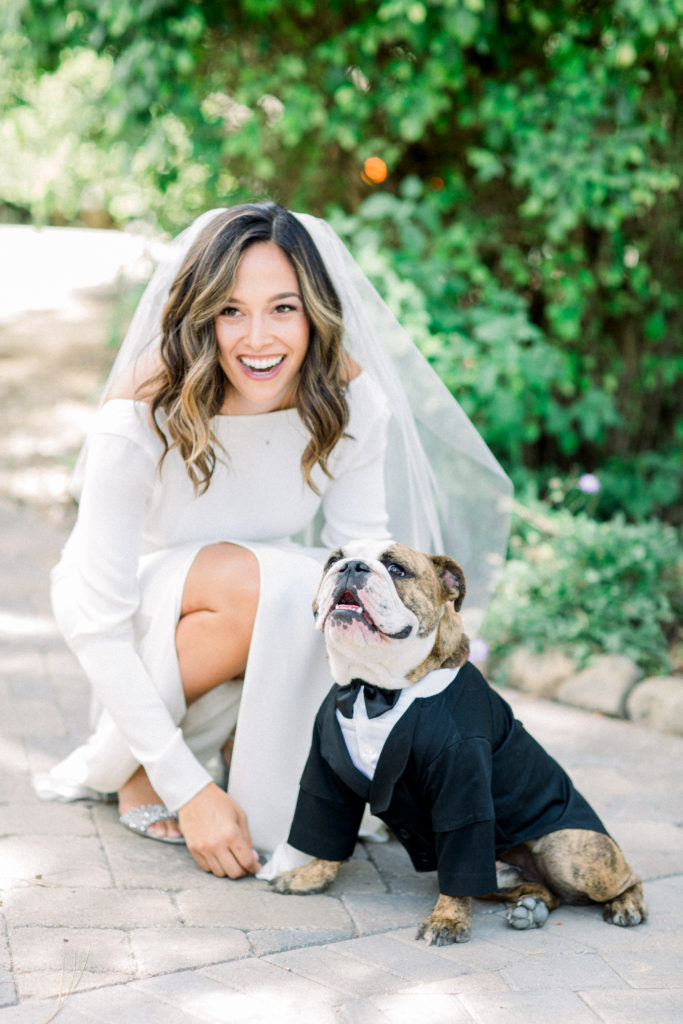 Maravilla Gardens Wedding, wedding party portraits with ring dog in tuxedo