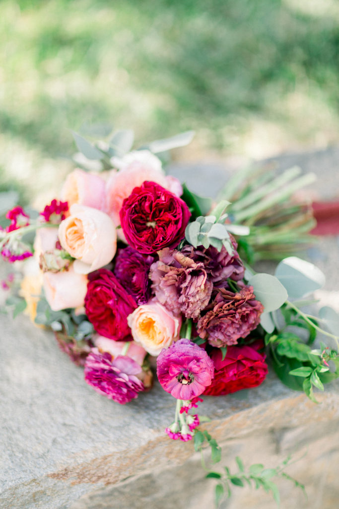 Maravilla Gardens Wedding, bridal bouquet with burgundy, peach and blush flowers