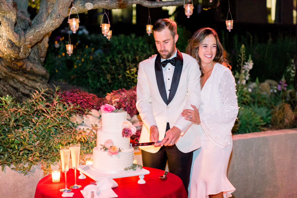 Maravilla Gardens Wedding reception, bride and groom cake cutting