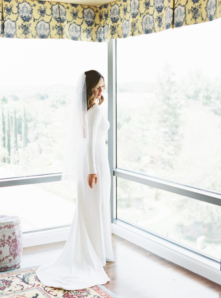 Maravilla Gardens Wedding, bride getting ready, long sleeved simple classic wedding dress and veil