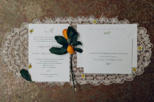 A desert wedding in Ojai at Red Tail Ranch, vintage lace wedding invitation