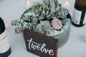 A desert wedding in Ojai at Red Tail Ranch, vintage bride and groom, succulent reception with wooden table number