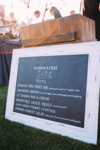 simple rustic wedding at Triunfo Creek Vineyards, wedding reception, chalkboard menu
