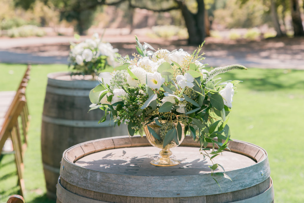 Elegant fall wedding at Triunfo Creek Vineyards, green and white floral centerpiece