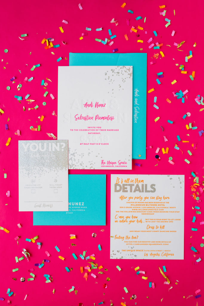 A colorful wedding at Unique Space LA, bright neon wedding invitation, adding a pop of color to your big day