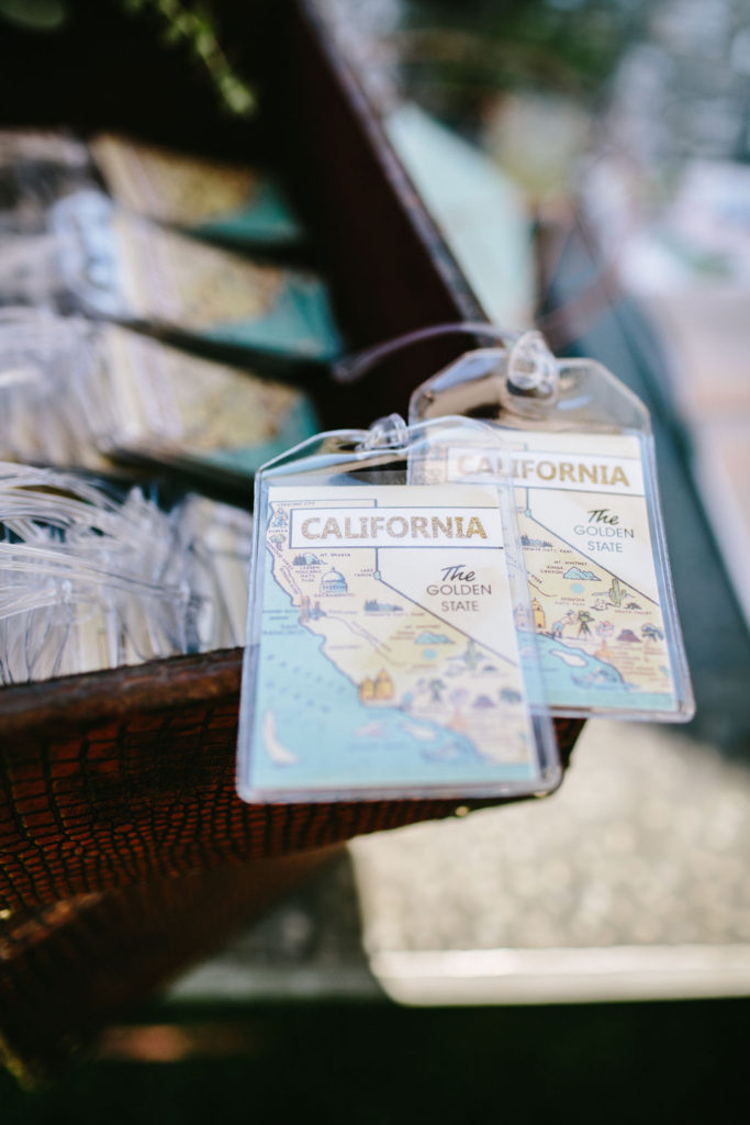 wedding guest favor luggage tag with map of California