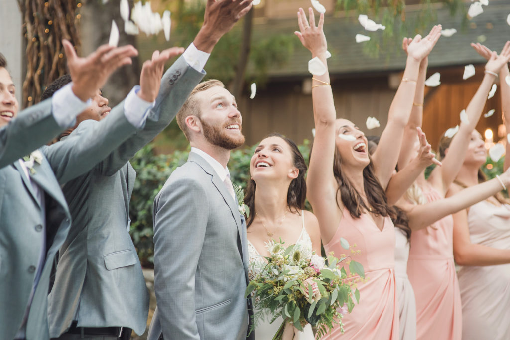 An emotional calamigos ranch wedding, wedding party confetti toss