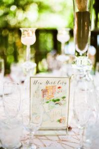 east coast meets west coast wedding reception at Calamigos Ranch with city name table numbers