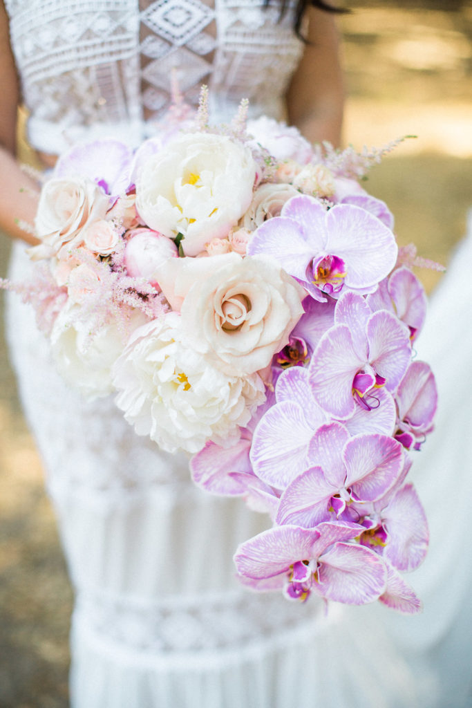 orchid bridal bouquet for east coast meets west coast wedding at Calamigos Ranch