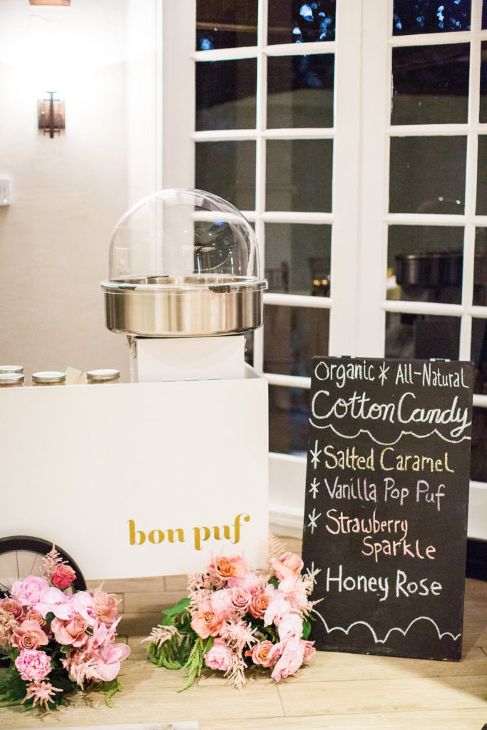 bon puf cotton candy cart for east coast meets west coast wedding reception at Calamigos Ranch, alternative wedding dessert ideas