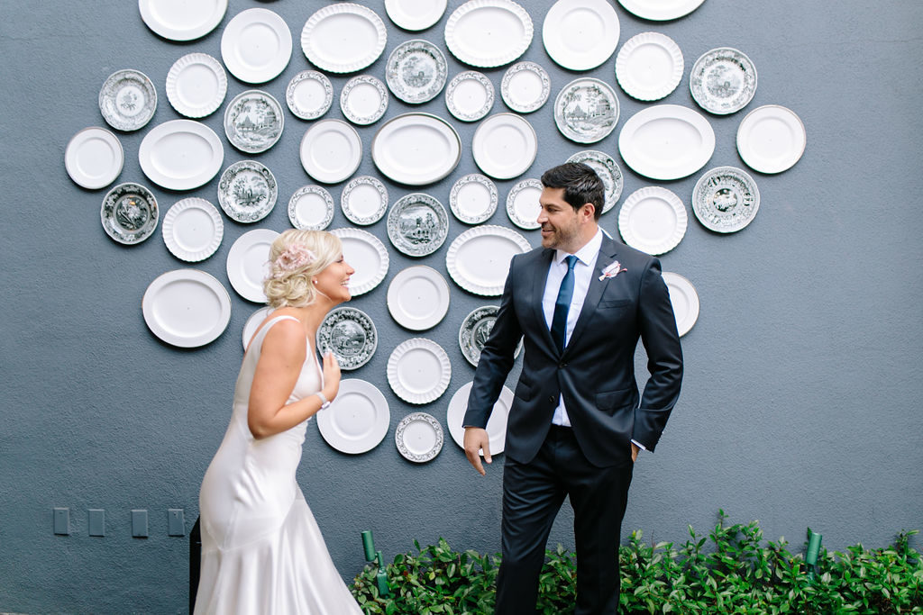 A glam and California infused wedding at the Viceroy Santa Monica, bride and groom first look