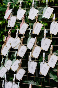 A glam and California infused wedding reception at Viceroy Santa Monica, luggage tag guest favors and escort board