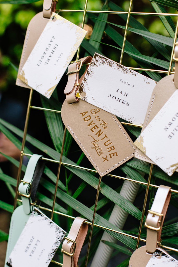 A glam and California infused wedding ceremony at Viceroy Santa Monica, luggage tag escort board