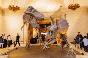 T-rex skeleton at this contemporary wedding at the Natural History Museum in Los Angeles