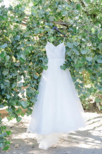 ballgown wedding dress detail before chic rustic wedding at Calamigos Ranch