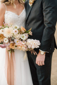 bride and groom sunset photos, wildflower rustic chic bridal bouquet