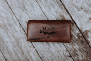Summer camp themed wedding in Big Bear at camp Wasegan, customized wooden ring box with burned initials