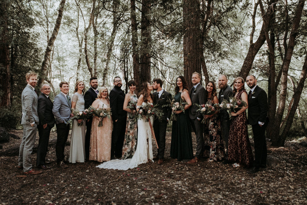Summer camp themed wedding in Big Bear at Camp Wasegan, wedding party photos in the woods