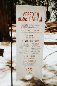 Summer camp themed wedding in Big Bear at Camp Wasegan, wedding welcome banner