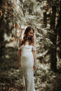 Summer camp themed wedding in Big Bear at Camp Wasegan, bridal portrait shot in the forest