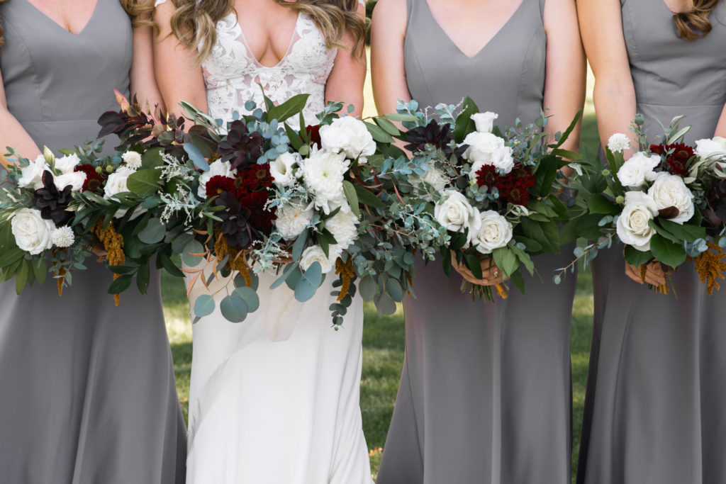 A simple and modern wedding at Triunfo Creek Vineyards, bridal bouquet with green and maroon flowers