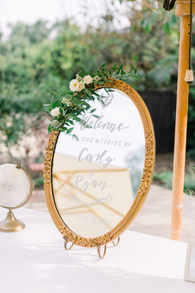 A Romantic Fall Wedding ceremony at Maravilla Gardens, welcome sign on mirror