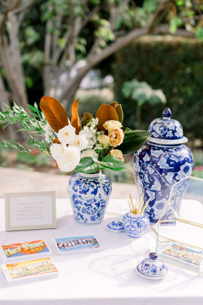 A Romantic Fall Wedding ceremony at Maravilla Gardens, ginger jars for southern charm theme