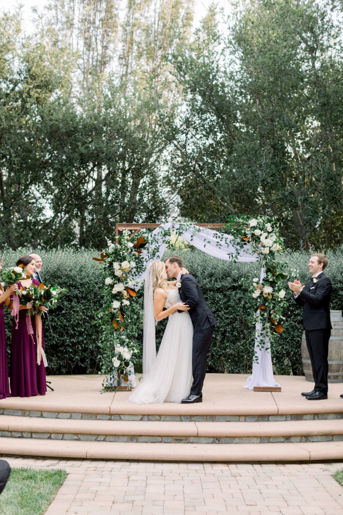 A Romantic Fall Wedding ceremony at Maravilla Gardens, first kiss