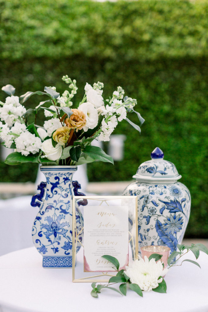 A Romantic Fall Wedding reception at Maravilla Gardens, ginger jar decor, wedding dinner menu