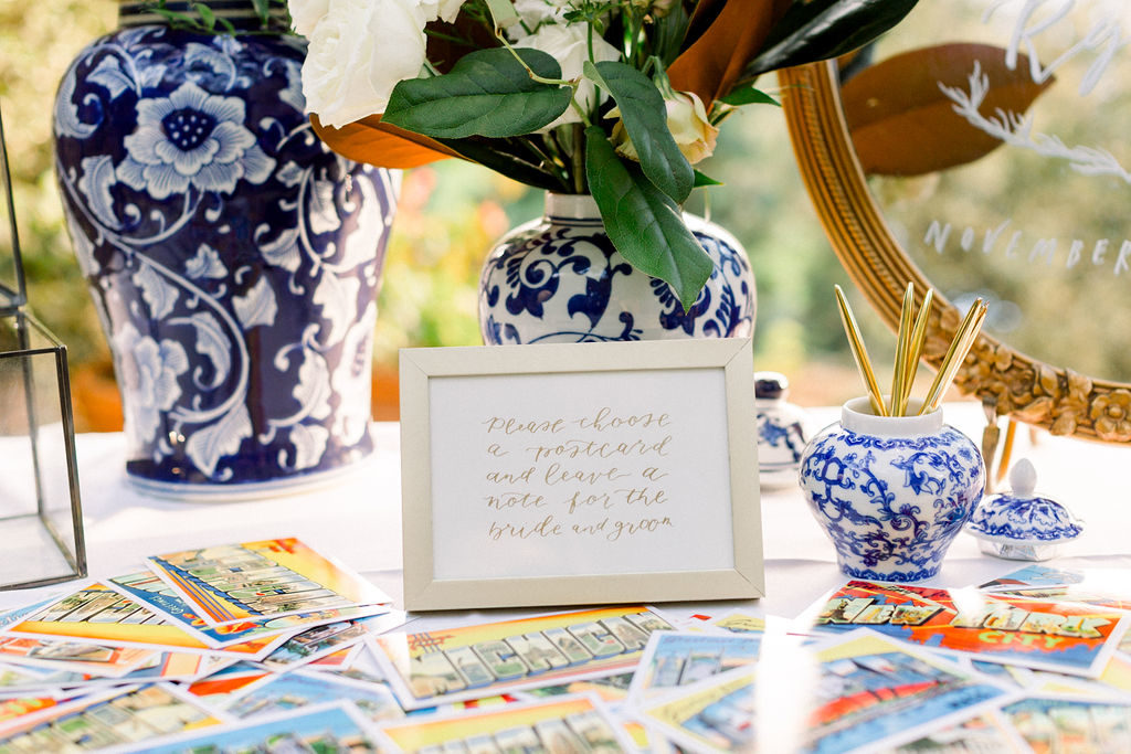 A Romantic Fall Wedding reception at Maravilla Gardens, postcard guest book