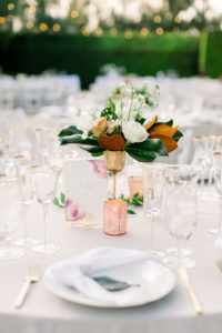 A Romantic Fall Wedding reception at Maravilla Gardens, centerpiece with watercolor table number