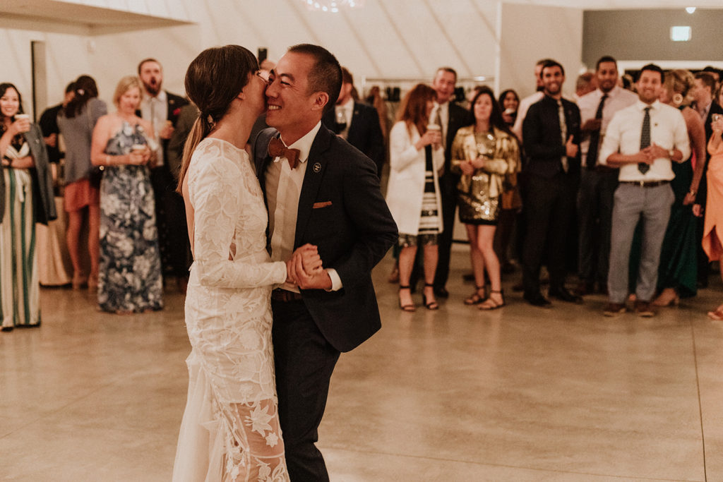 A Joshua Tree wedding reception at Tumbleweed Sanctuary, bride and groom first dance